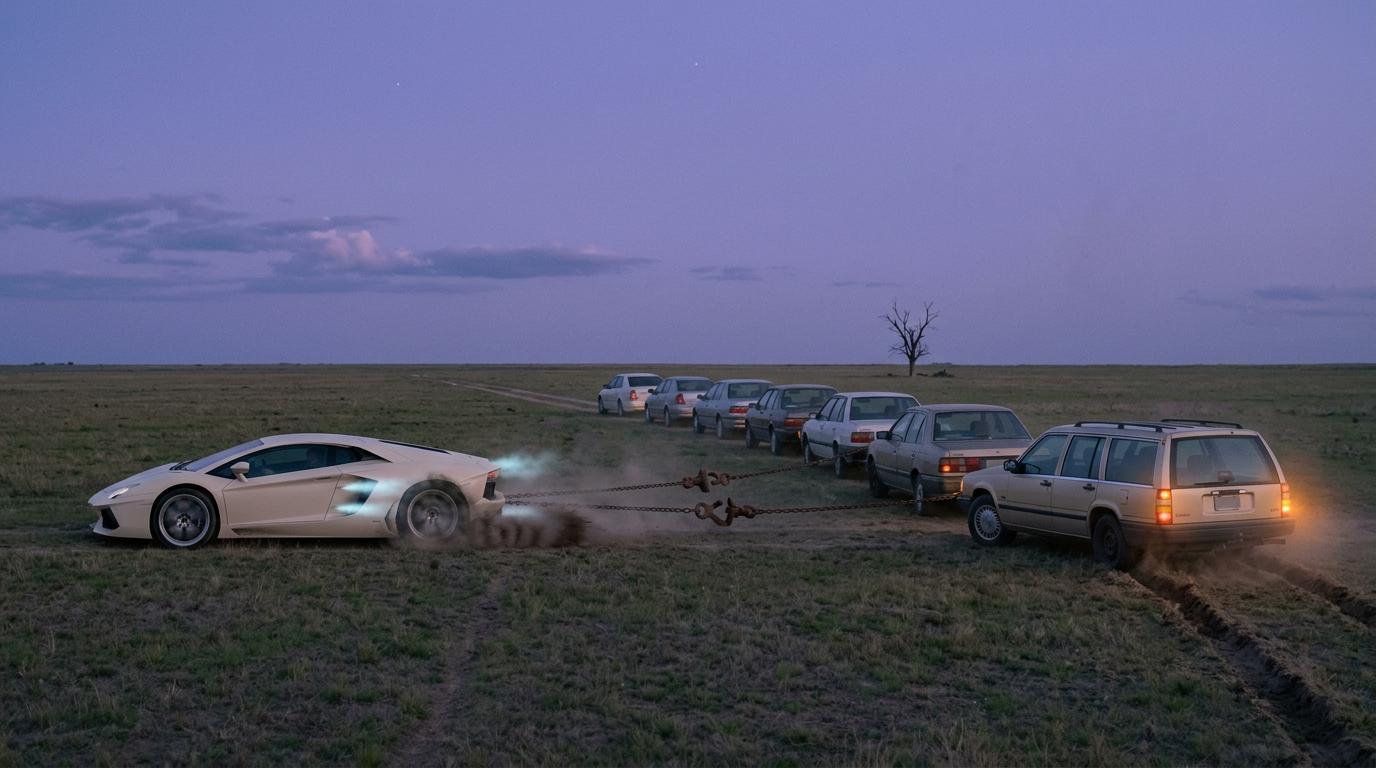 A futuristic white sports car with jets firing, chained to a line of older cars like a train, dragging a beige station wagon at the back whose right turn signal is blinking.