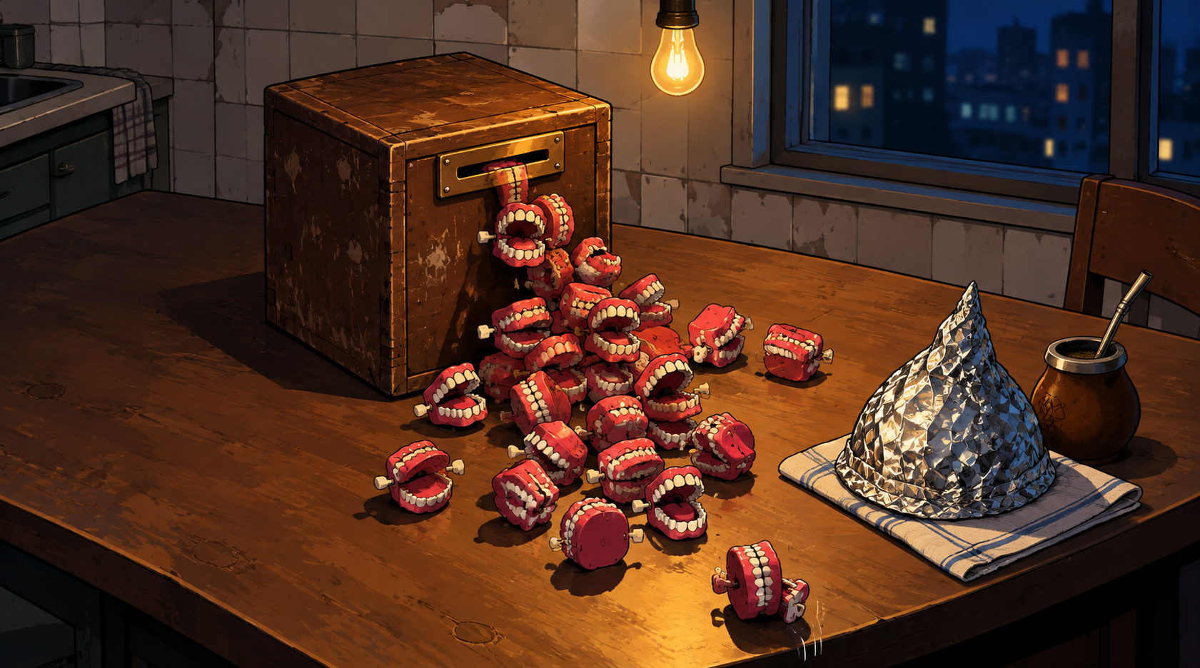 Wind-up chattering-teeth toys spilling out of a wooden ballot box on a kitchen table, beside a carefully folded tinfoil hat and a cold gourd of mate.