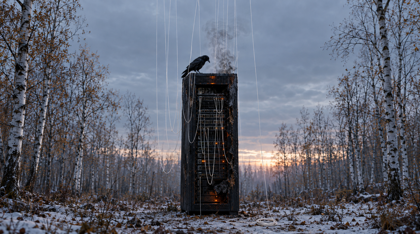 A scorched server rack alone in a snowy birch forest, hundreds of slack marionette strings rising from its ports into the clouds, a crow perched on top.
