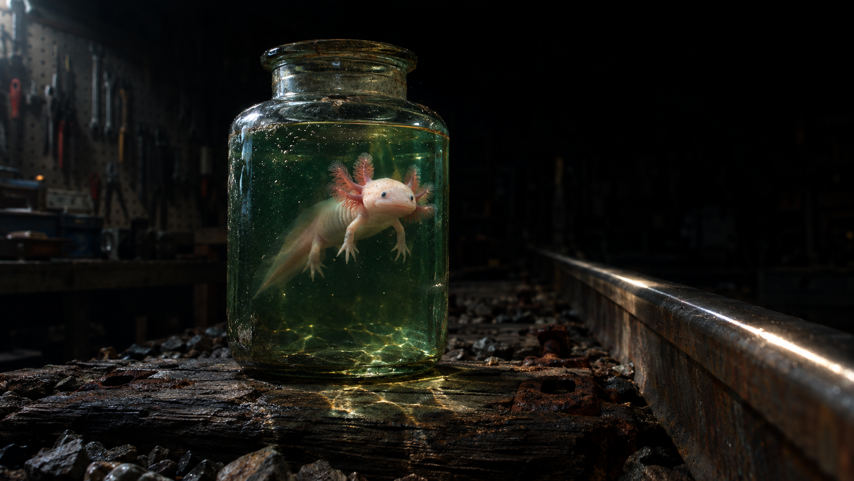 A live axolotl floating in an antique glass specimen jar resting on a wooden railway sleeper, with a steel rail running off into darkness.