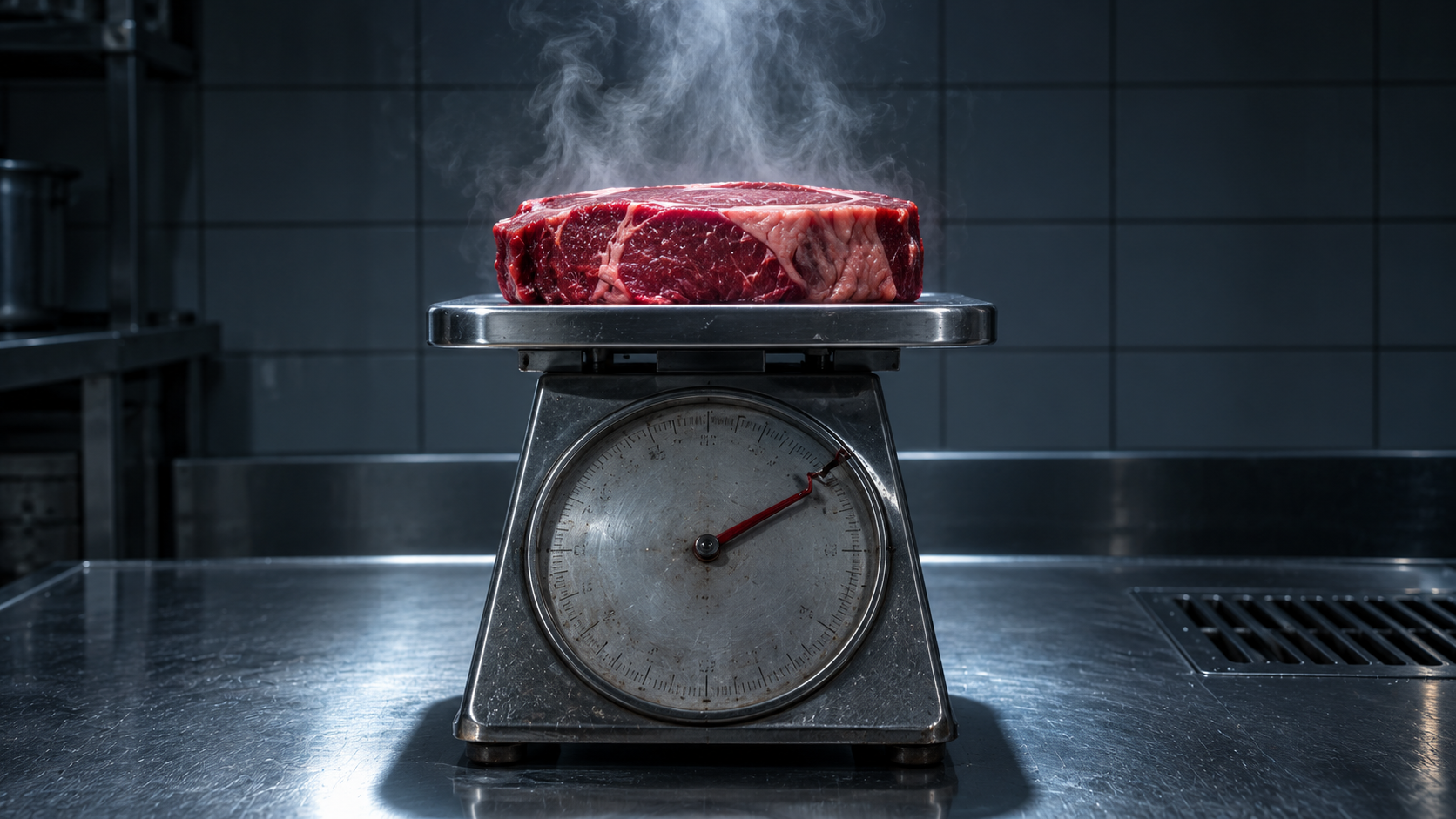 A raw steak steaming on an institutional steel kitchen scale whose needle is bent past the end of its travel.